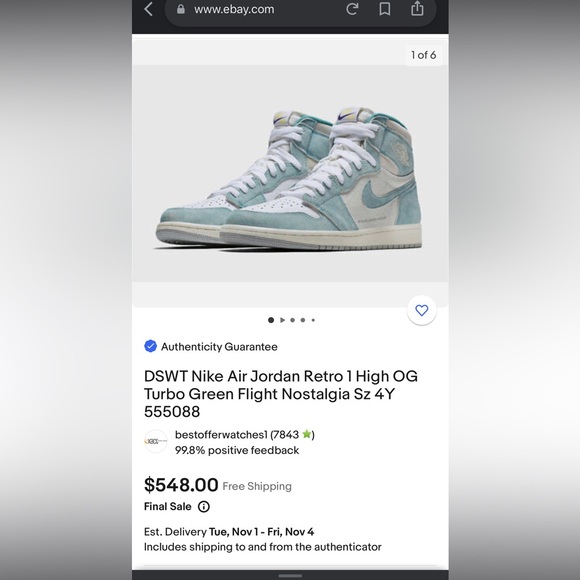 DSWT Nike Air Jordan Retro 1 High OG Turbo Green Flight Nostalgia Sz 7y